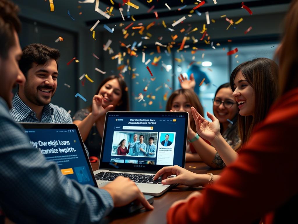 A close up of a team celebrating a website launch,